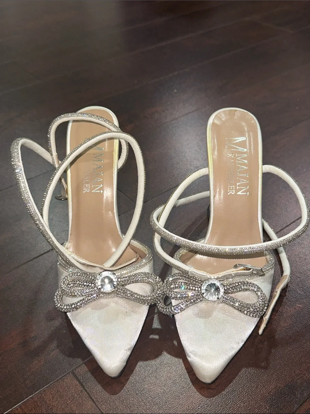 White Pointed Ankle-Strap Heels with Jeweled Bow